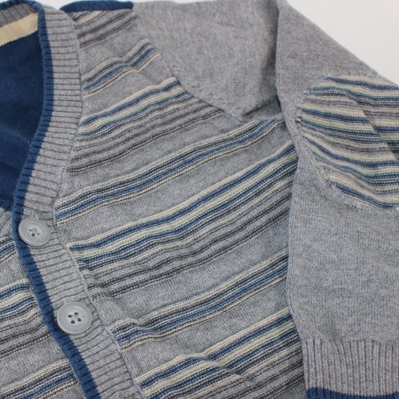 PANDEMINIUM Grey Blue Striped Cardigan Sweater Back Graphic Elbow Patches - Picture 3 of 5